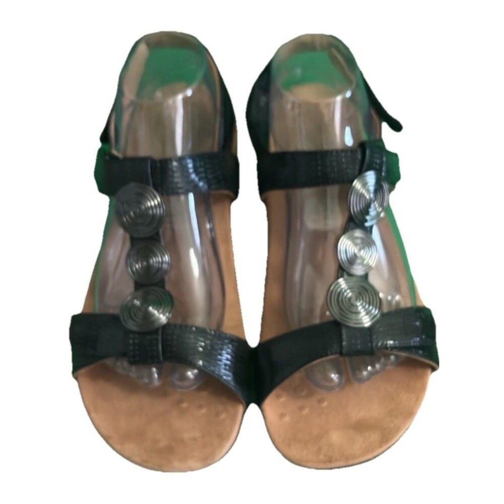 VIONIC Farra Black Patent Ankle/back Strap Sandals Sz 9 ORTHO Heel Metal Accents